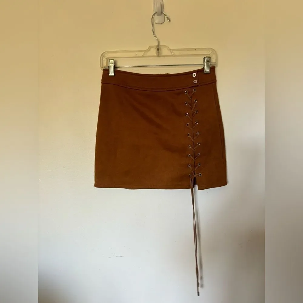 Dance & Marvel Faux Suede Lace Up Mini Skirt Tan Size Small